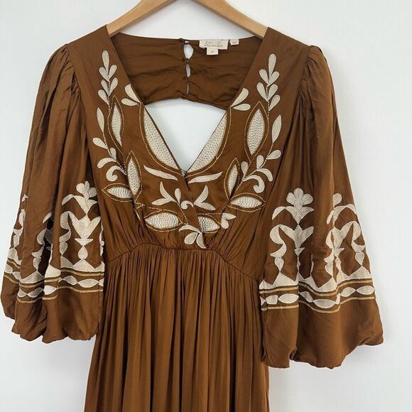 Anthropologie Let Me Be Women’s Bronze Embroidered Open-Back Maxi Dress - Picture 9 of 12